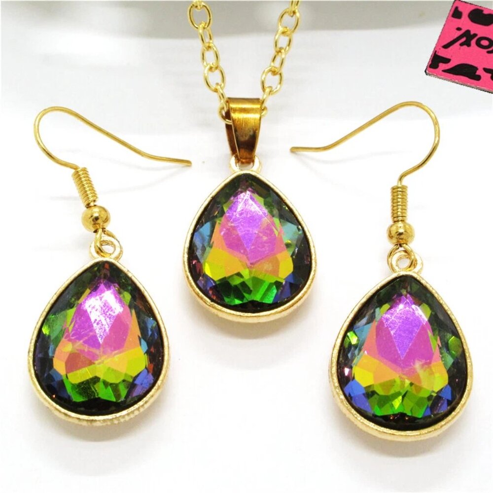 NEW Betsey Johnson multicolor teardrop necklace earrings set